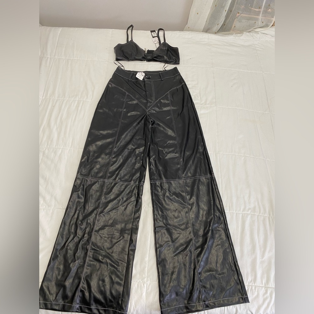 Leather pants set/ wide leg pants and crop top/ size medium